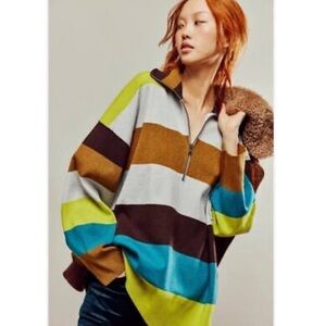 Free People Oversized Brown Green Polo Hoodie